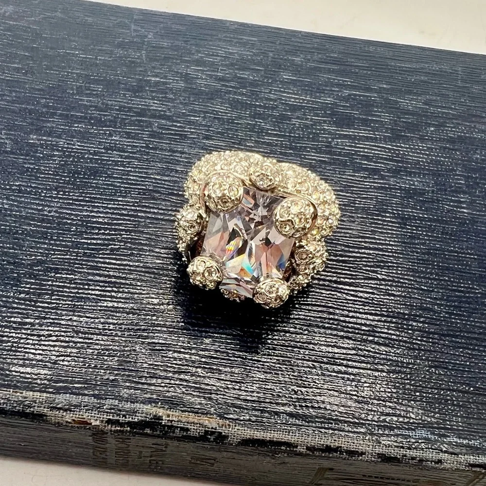 Huge chunky fake diamond cocktail ring paved rhinestones silver tone size 6
